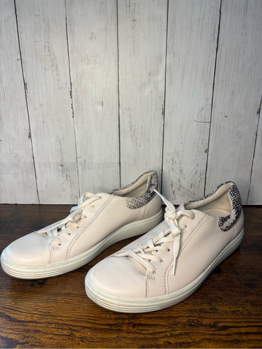 Ecco Off-White Leather Sneakers with Snake-Print Heel